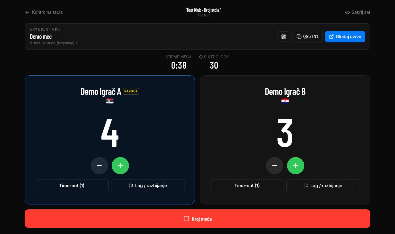 Tablet scoreboard i kod stola